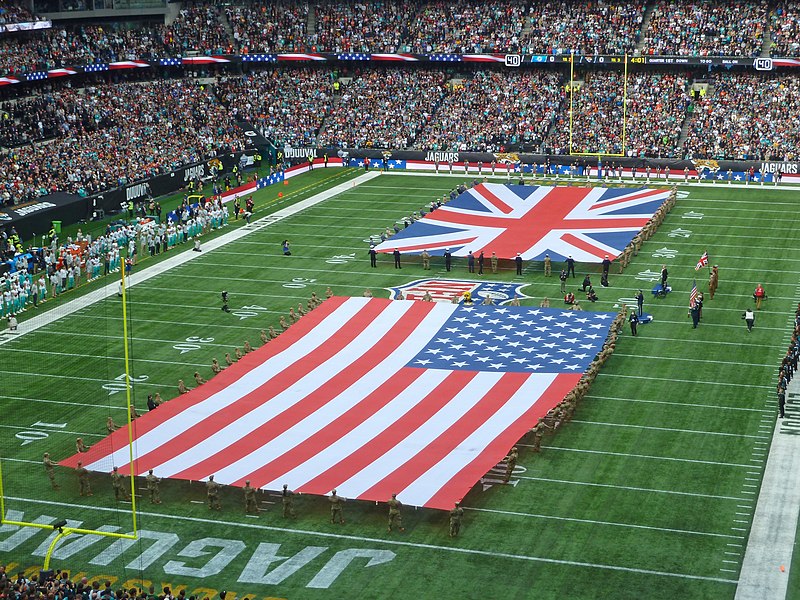 File:Dolphins v Jaguars getting ready to start at Tottenham Hotspur Stadium.jpg