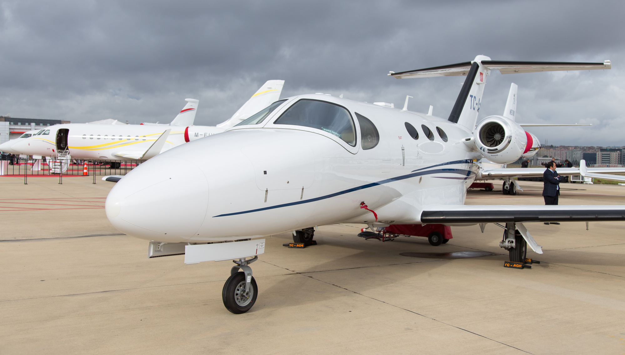 A Cessna Citation Mustang private jet standing on the runway