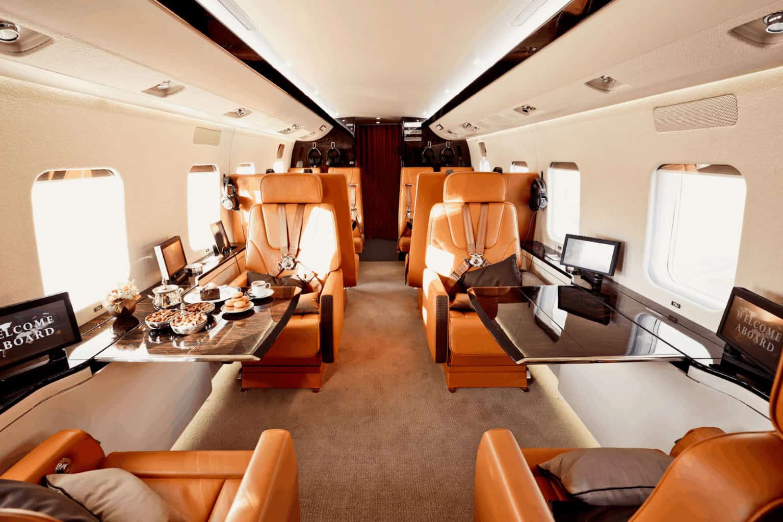 The interior of a luxurious private jet