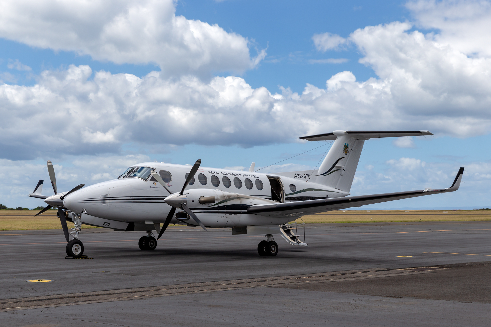 A King Air 350 turboprop airplane waiting to be boarded