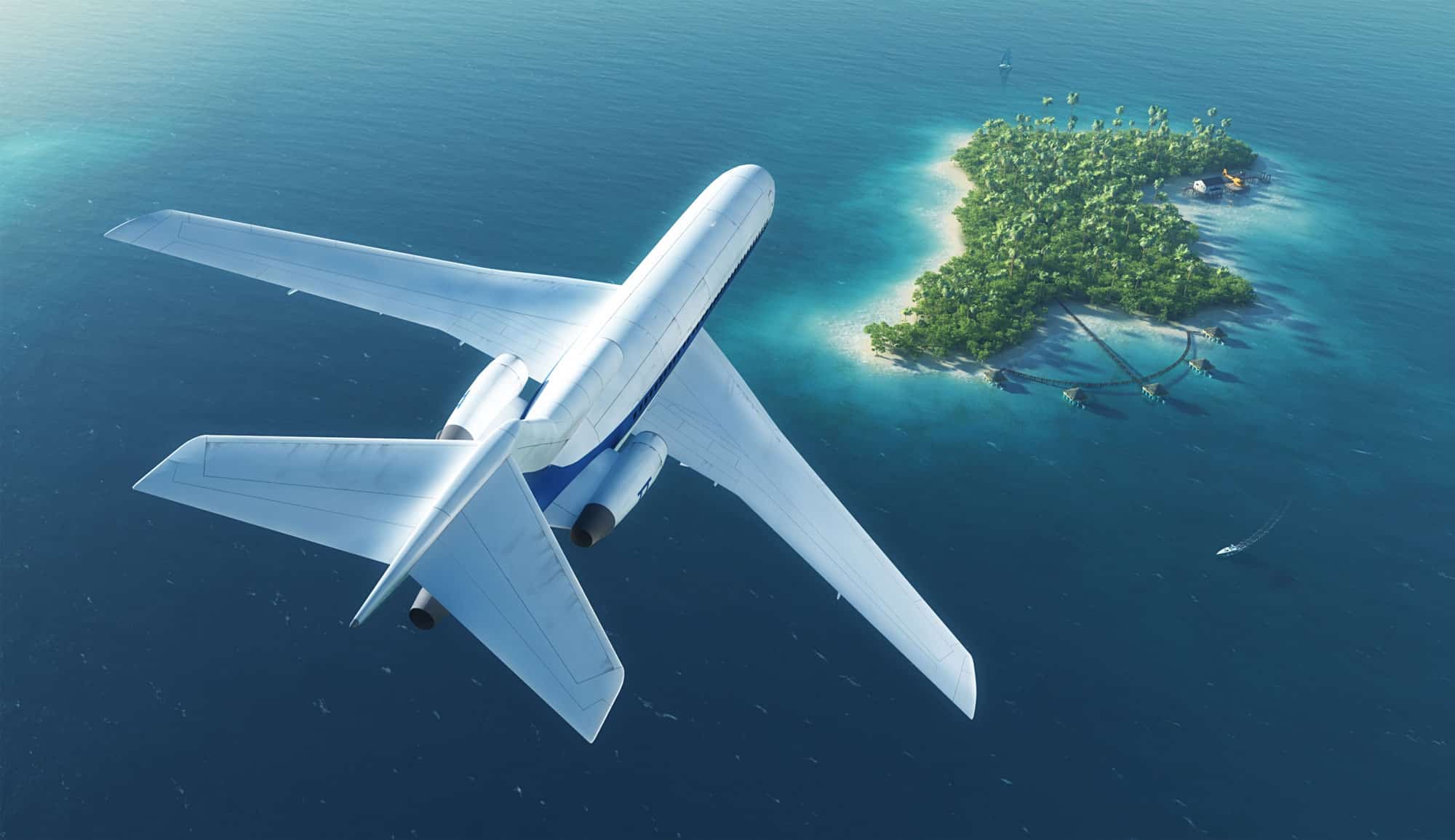 a private jet flying over an island