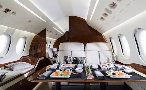 interior of a Dassault 7X Falcon private jet.