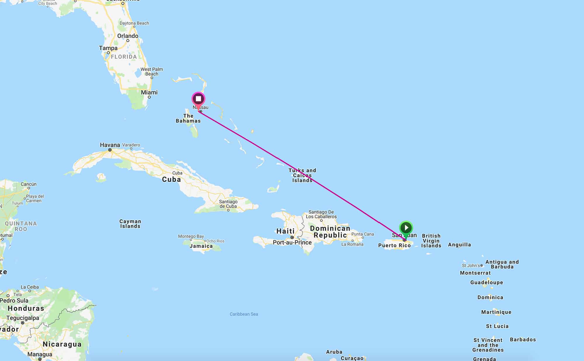 Map of flight from US possessions to International destinations