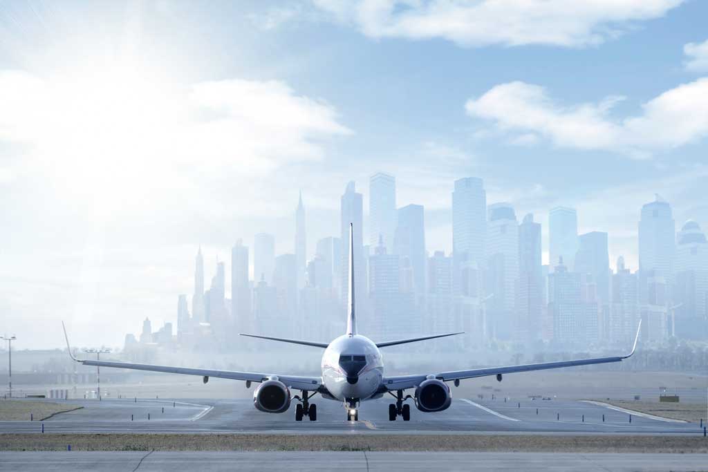 a commercial plane on a landing course